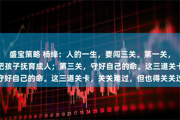 盛宝策略 杨绛：人的一生，要闯三关。第一关，送父母终老；第二关，把孩子抚育成人；第三关，守好自己的命。这三道关卡，关关难过，但也得关关过